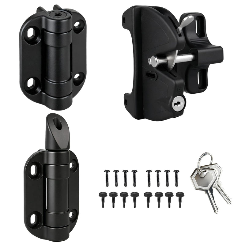 Egadis Premium Self-Closing Gate Hinges with Key Lockable Latch, Heavy-Duty Outdoor Gate Hardware Kit for Deck, Patio, Porch, Yard Gates Premium Gate Hinge + Latch