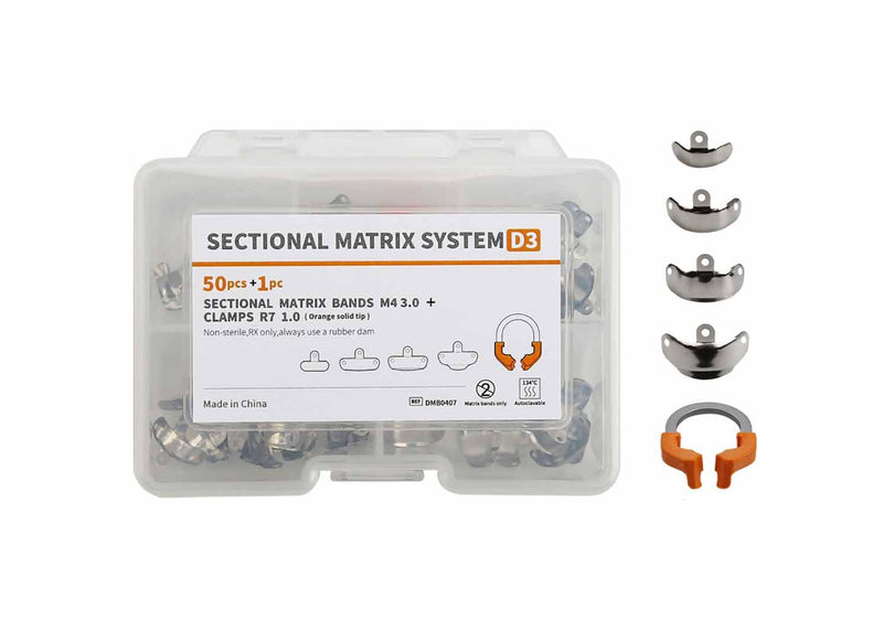 D3 Dental Sectional Matrix System Set M4 3.0 | Tooth Interproximal Sectional Contoured Metal Matrices Band R7 1.0,Metal Matrices Clamp Ring（50Pcs+1Pcs） D3