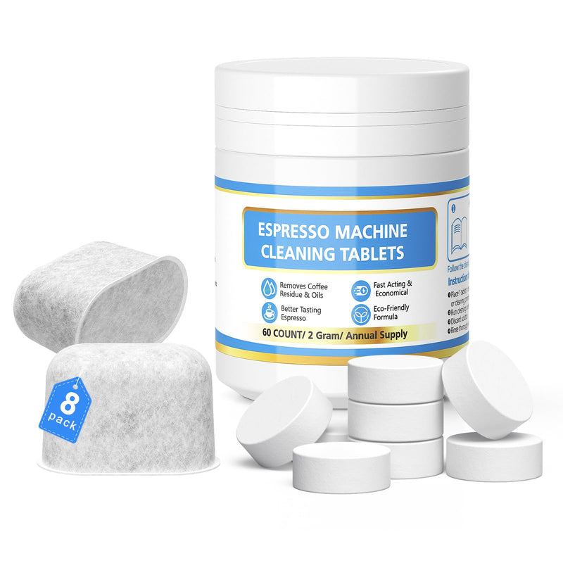 Cleaning Kit for Breville, 60 Cleaning Tablets and 8 Water Filters for Breville Espresso Machines - 2g Espresso Machine Tablets-16 Months Supply