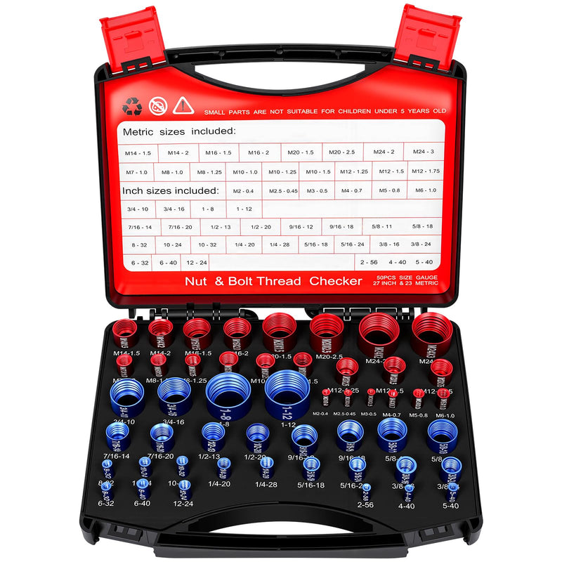 50Pcs Thread Checker Set, SAE & Metric Nut and Bolt Thread Gauge with Case, 27 Imperial & 23 Metric Bolt Size Finder for Narrow and Tricky Areas