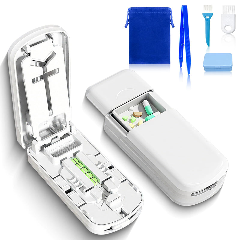 Pill Cutter - 1/2,1/3 &1/4 Pill Splitter with Storage Bag and Tweezers,for Small Tiny Large Pills | Hidden Blade & Sealed Storage | Adjustable & Cuts Multiple Tablets | Includes Cleaning Brush