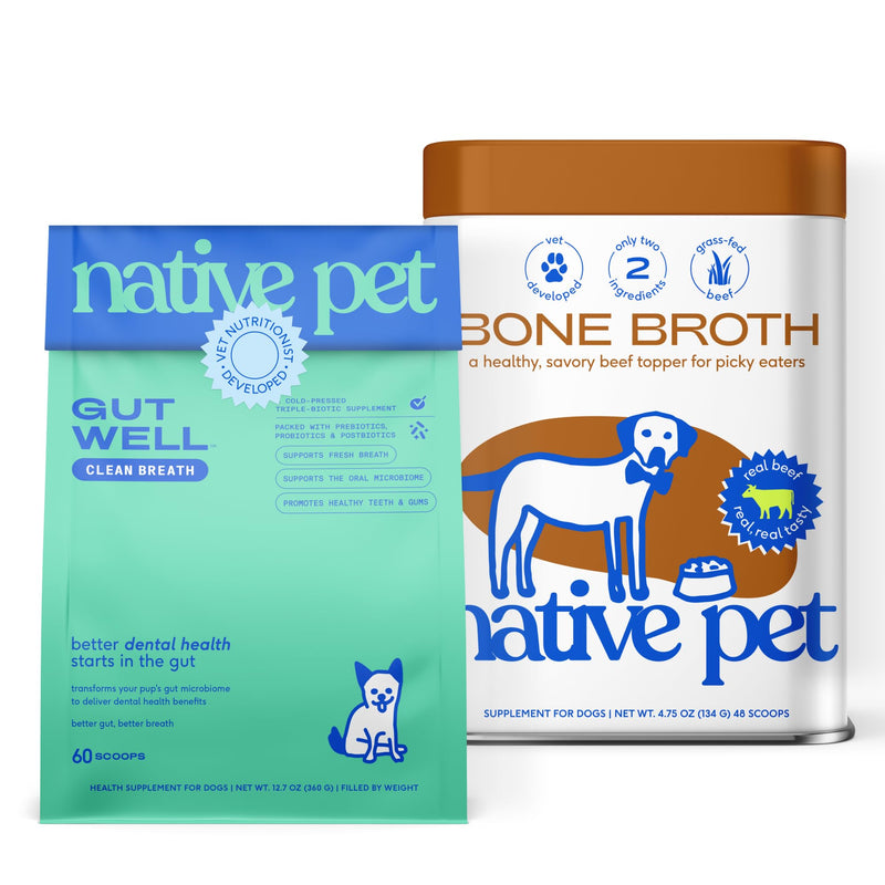 Native Pet Dental & Digestive Support Bundle: 60 Scoops GutWell Clean Breath - Dog Breath Freshener & 48 Scoops Bone Broth for Dogs - Made with Real Beef Bone Broth, Dog Food Toppers