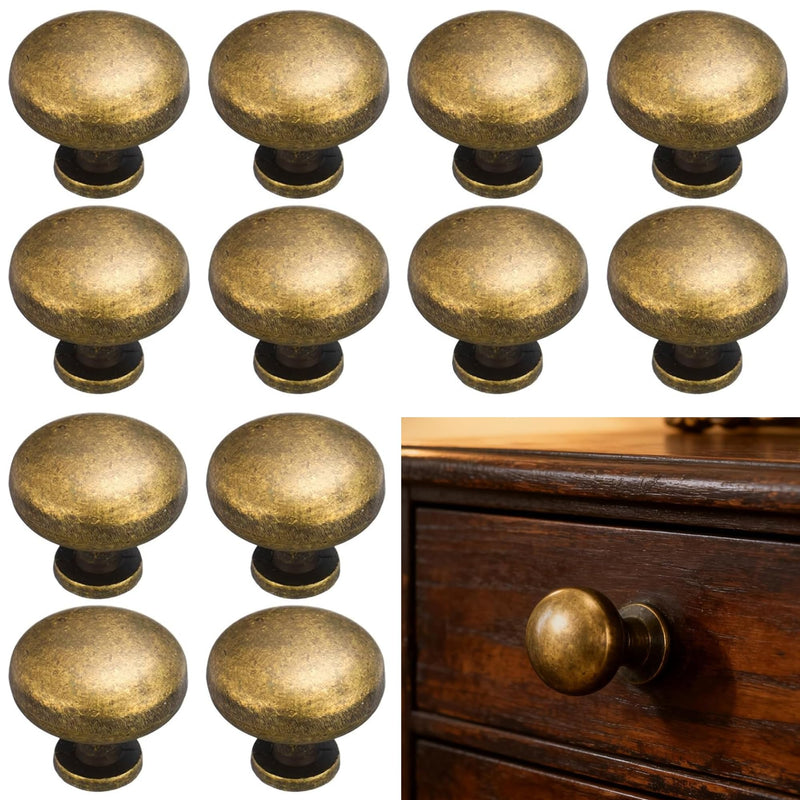 12 Pack Antique Brass Cabinet Knobs Vintage Retro Antique Brass Zinc Alloy Cabinet Drawer Knob 1.18 Inch (30mm) Classic Round Kitchen Hardware for Dresser Cupboard Wardrobe