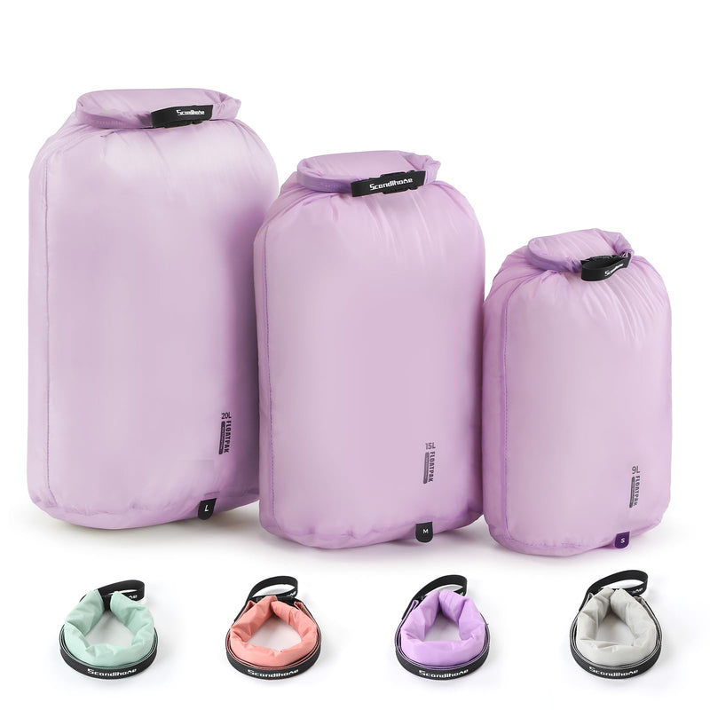Ultralight Dry Bag Portable Dry Sack 9L & 15L & 20L Durable Waterproof Bag Set Keep Gear Dry Storage Bag for Hiking, Camping, Boating, Backpacking, Kayaking (3 Pack)(Purple) Purple
