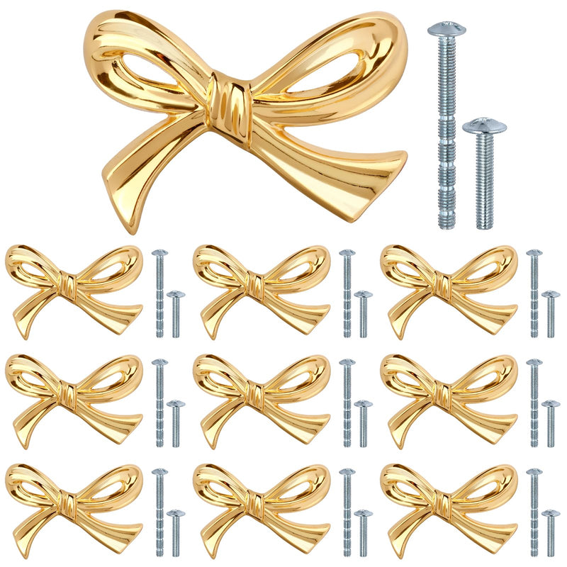 Draupnir 10Pcs Large Gold Bow Knobs for Dresser Bow Shape Cabinets Knobs, Metal Brass Bows Hardware Decorative Drawer Handles for Desk, Wardrobe, TV Cabinet & Bookcase(2.76" x 1.97")
