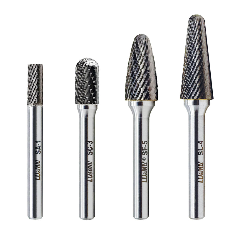 LU&MN Tungsten Carbide Double Cut Rotary Burrs File Set,4 Pieces L-4,F-5,C-3,A-1 (L-4,F-5,C-3,A-1)