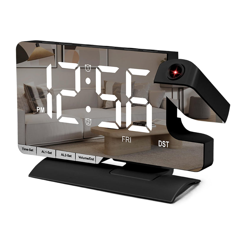 SZELAM Digital Clock,Alarm Clock Bedside with Projection,7.3" Mirror Clock with 180°Rotating Projector,Dual Alarm with 3 Mode,Brightnee Adjust,DST,Snooze,Charging Port,5 Levels Volume for Desk Teens Black