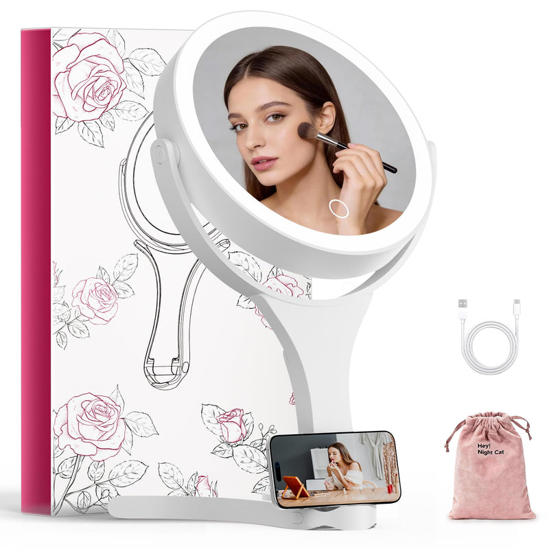Hasipu Portable Travel Makeup Mirror with Lights – 360° Rotating with 1X/10X Magnifying, Rechargeable Tabletop Handhold Hanging 3 in 1 Mirror (White) White