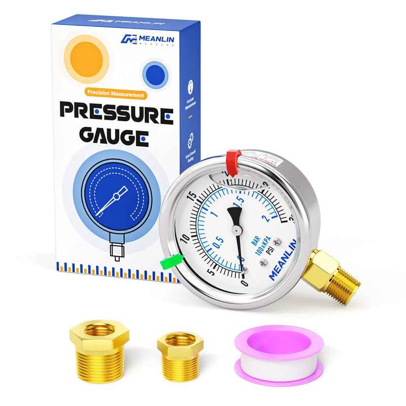 MEANLIN MEASURE 0~30Psi Low Liquid Filled Pressure Gauge Stainless Steel 1/4" NPT 2" FACE DIAL for Pool Sand Filter Water Oil Air Pressure Test Lower Mount, with Hex Bushing and 2PCS Snaps 0-30 Psi