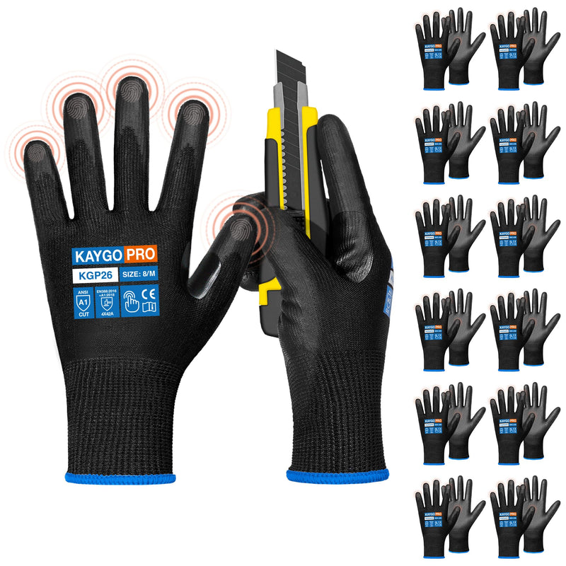 KAYGO Cut Resistant Gloves PU Coated, 12 Pairs Safety Work Gloves with Full Fingers Touchscreen, ANSI Cut Level A1, KGP26 Black Medium
