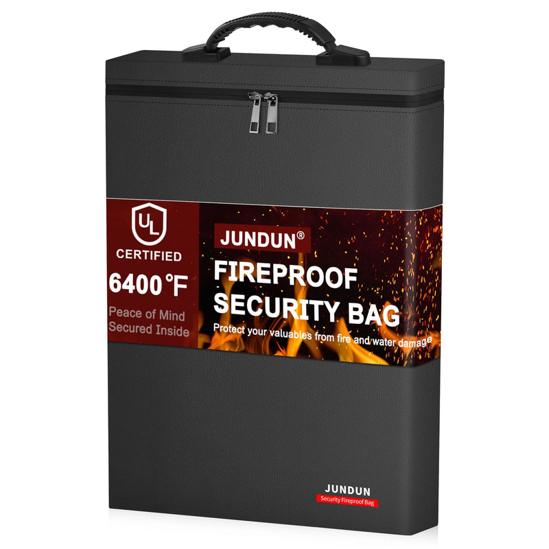 JUNDUN Fireproof Document Bag,6400°F,Upgraded Material Fireproof Money Bag,12x15x2 in Home Storage Pouch Holder for Legal Size Documents, Cash,Files and Laptop Black