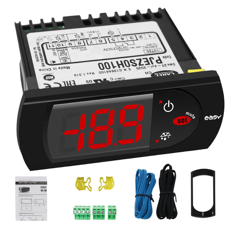 PJEZS0H100 Temperature Controller Compatible with Carel and All Refrigerator Types, 115V Digital Thermostat with Temperature Sensor Probe, Mounting Hardware and Instructions PJEZS0H100