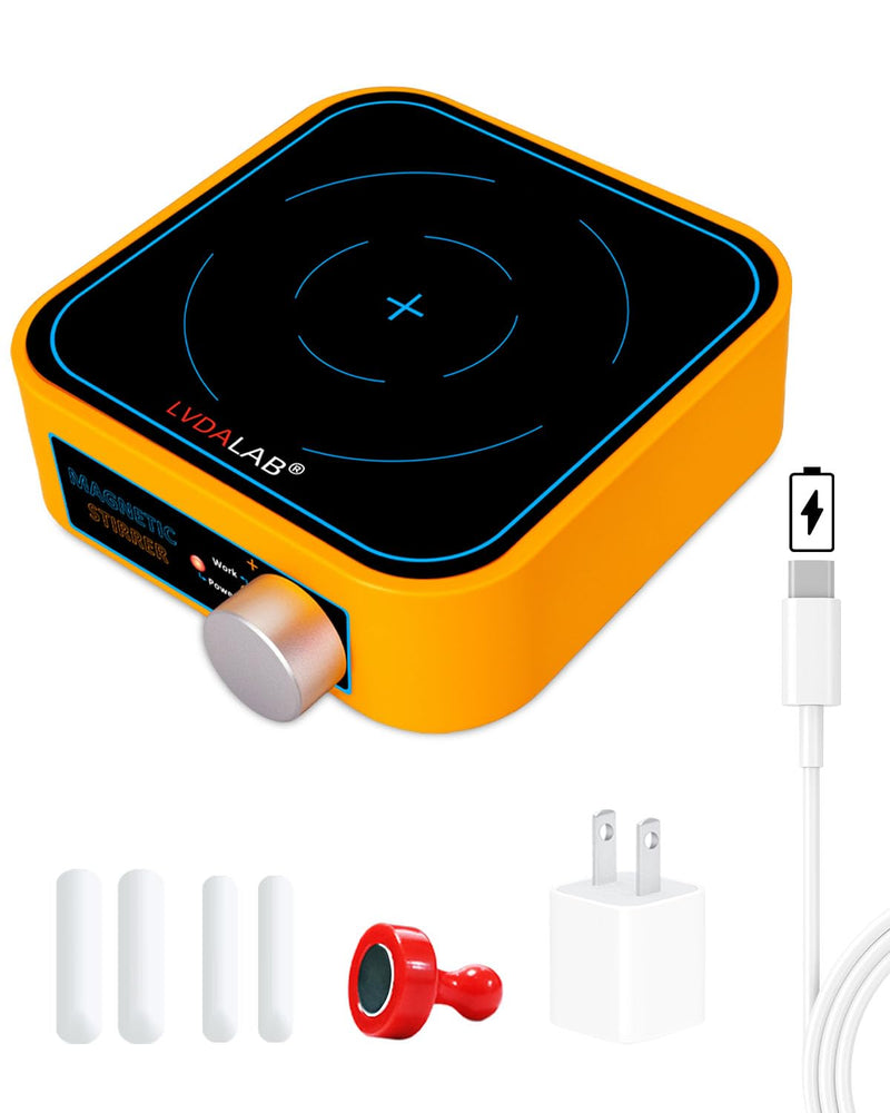 Rechargeable Magnetic Stir Plate, LVDALAB 3000RPM Mini Electric Magnetic Stirrer, 3000ml Lab Stirrers for Low Viscosity Liquid, No Heating, Adjustable Speed, 4 Stir Bars 1Retriever Included - Yellow Rechargable