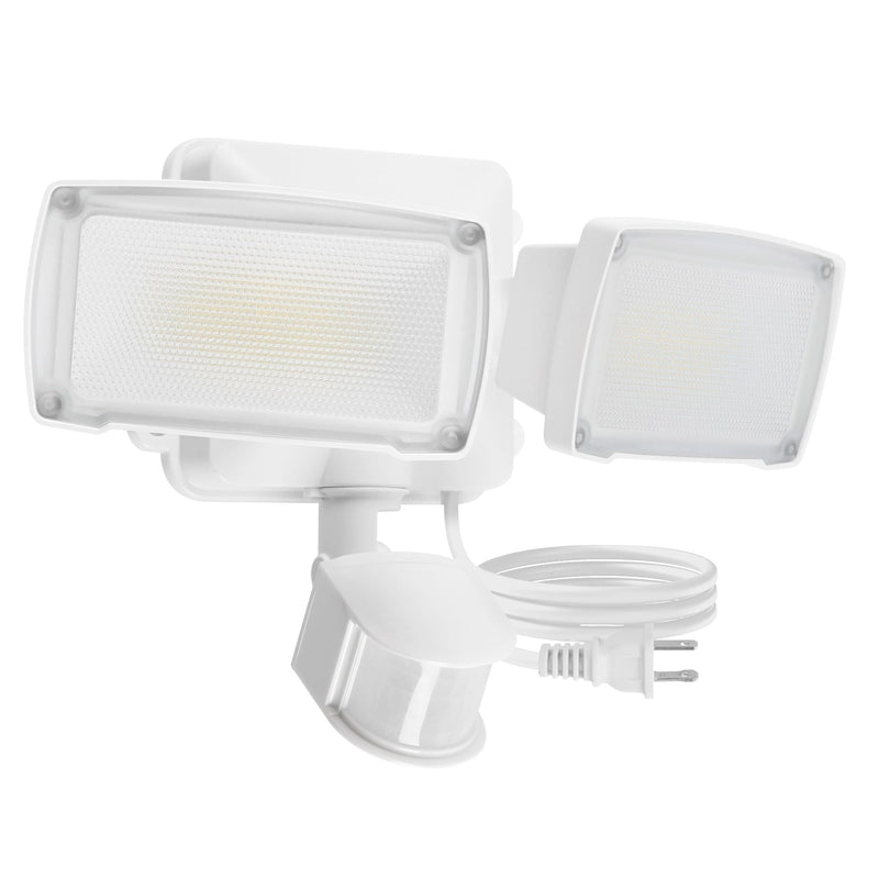 LUTEC 21W Plug in Motion Sensor Light Outdoor, Flood Lights Outdoor Motion Sensor,2500LM, 5000K Daylight,IP65 Waterproof,Adjustable 2 Heads Wall Light for Garage, Porch, Yard - White 1 Pack