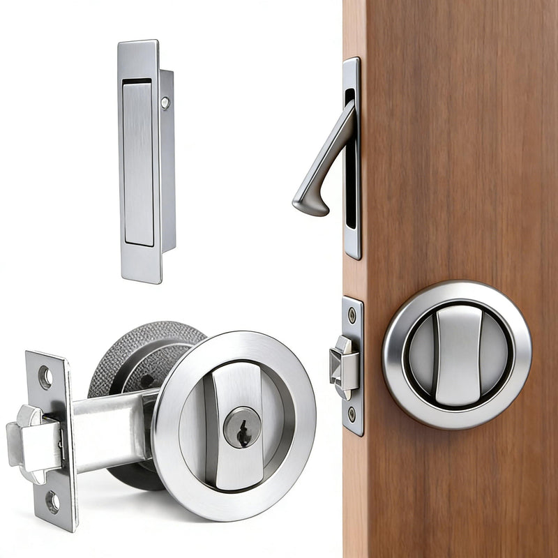 Dontay Pocket Door Key Lock with Edge Pull Handle,2 3/8" Backset,Stainless Steel Recessed 2 Sided,Hardware for 1 3/8" to 2 3/16" Sliding Door&Bathroom Doors (Brushed Nickel, Round - 1 Set) Brushed Nickel