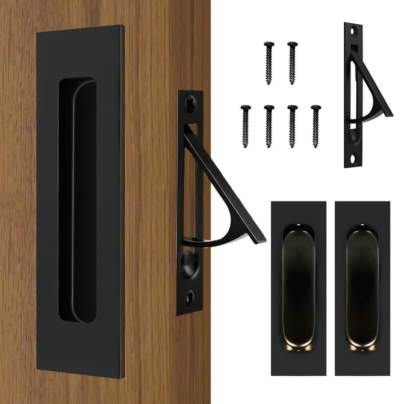 Lethato Matte Black Pocket Door Hardware Set, 2 Recessed Flush Finger Pull 1 Edge Pull, Stainless Steel Pocket Door Pull Rectangular Barn Door Hardware Door Handle - 1 Pack 1 Set with Pull - Matte Black