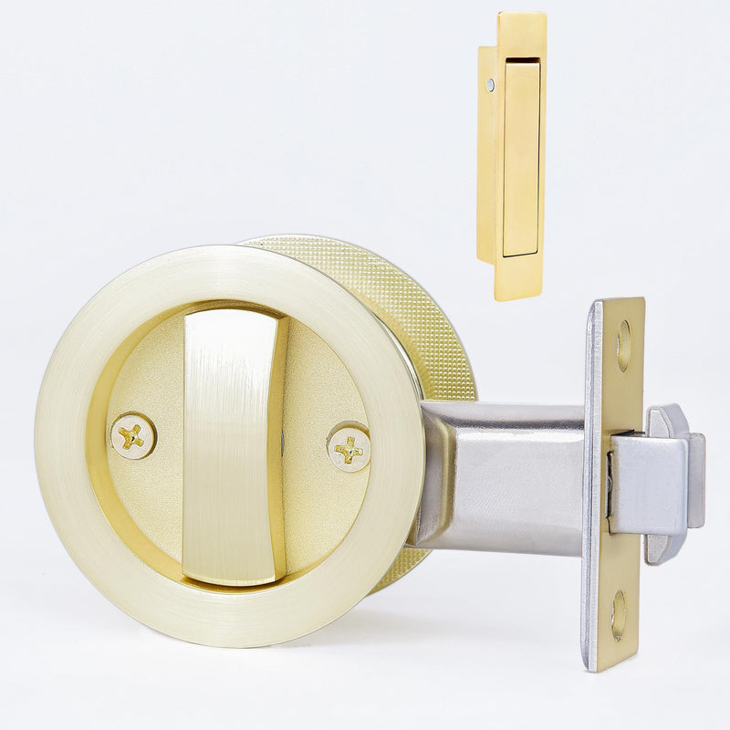 Dontay Pocket Door Passage Latches Lock,Flush Double Sided Rotation,Privacy (Bed/Bath) Latch,Large Lever,Hardware for 1 3/8" to 2 3/16" Sliding Door & Bathroom Doors (Satin Brass, Round - 1 Set) Satin Brass