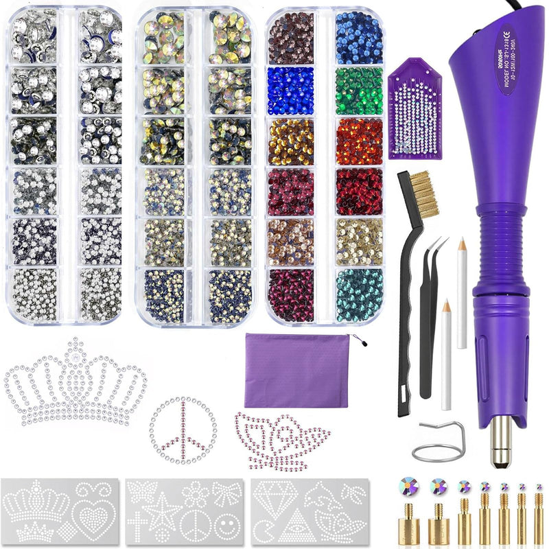 For Clothes, Fabric, Jeans, Hotfix Rhinestones Applicator Kit Set with 4500 Pcs Crystals (White/AB/Multi-Color), DIY Craft Includes 19 Pattern Templates, Tweezers, Cleaning Brush, Storage Bag