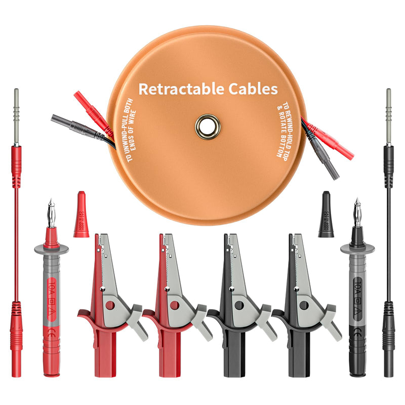 Goupchn 9PCS Multimeter Test Lead Kit, 2 Wire 10ft 18AWG Retractable Wires with 4mm Banana Plugs, Heavy Duty Alligator Clips, Wire Piercing Probes Electrical Test Wires for Automotive, Electrical 10ft/3m Banana Plug Leads Kit