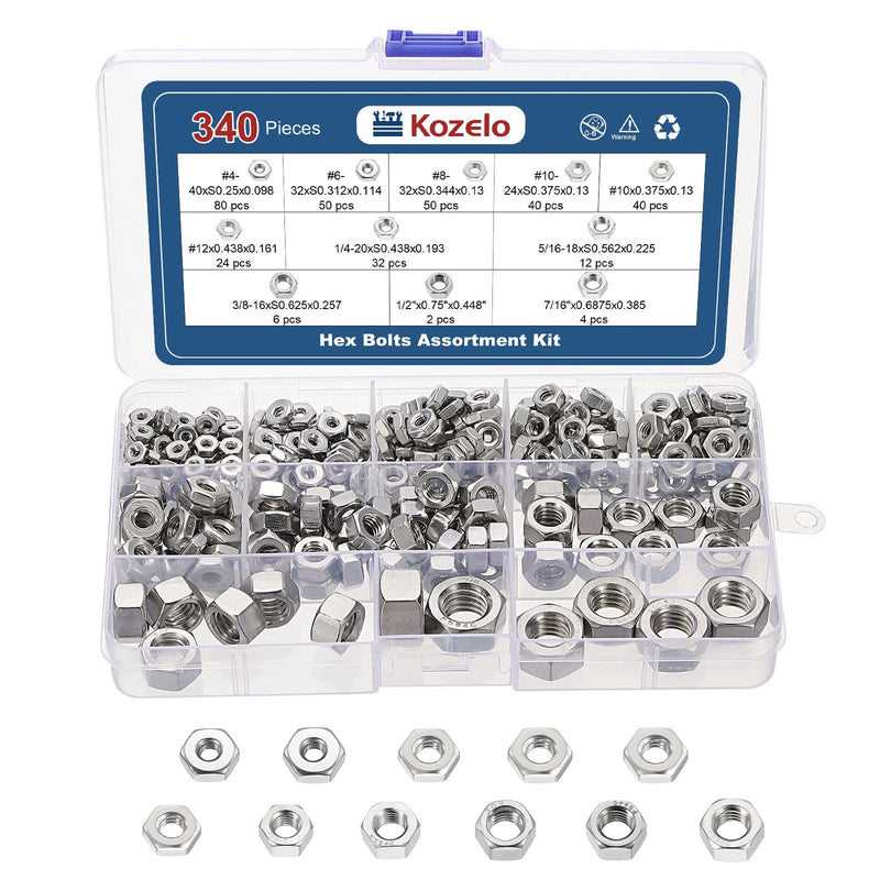 340pcs Hex Nuts Assortment Kit - [#4#6#8#10-24#10-32#12 1/4" 5/16" 3/8" 1/2" 7/16"] 304 Stainless Steel 18-8 (A2-70) Hardware Nuts for Mechanical Repair & Assembly, Silver 1/4",5/16",3/8",7/16",1/2",#4#6#8#10 340