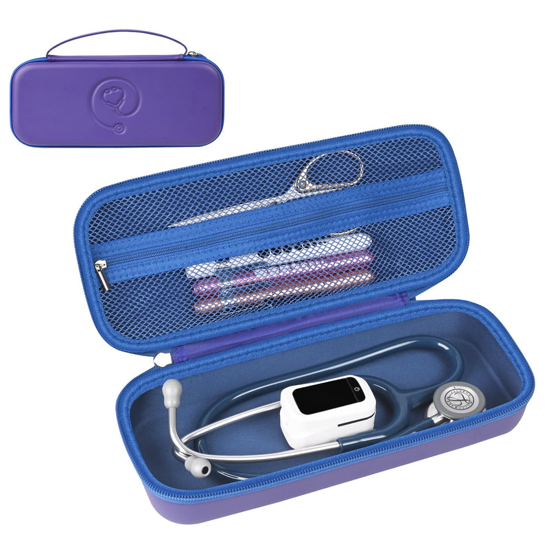 Portable Carrying Stethoscope Case Compatible with 3M Littmann Classic III, Lightweight II S.E, Cardiology, MDF, Hard Shell Case with Mesh Pocket for Accessories Medical Scissors Thermometer (Blue)