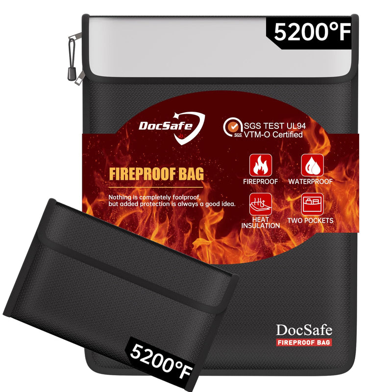 DocSafe Fireproof Document Bag (5200℉) with Fireproof Organizer Travel Case,Heat Insulated Fire＆Water Resistant 8 Layers Safe Money Bag Storage for Important Documents,Cash,Power Bank,Valuables,Black Black - NewNest Australia
