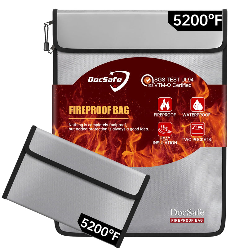 DocSafe Fireproof Document Bag (5200℉) with Fireproof Organizer Travel Case,Heat Insulated Fire＆Water Resistant 8 Layers Safe Money Bag Storage for Important Documents,Cash,Power Bank,Valuables,Gray Gray