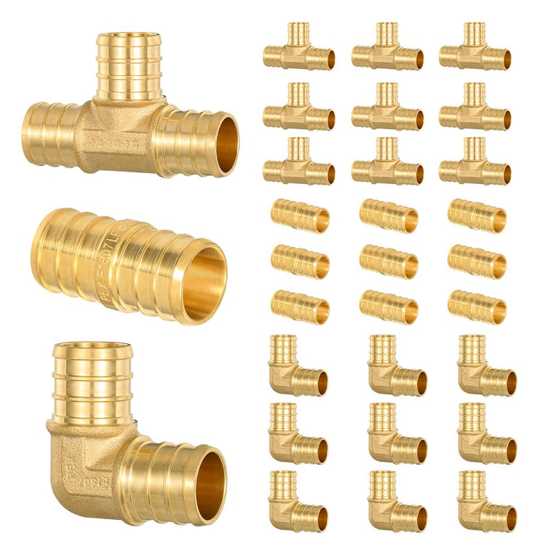 30 PACK ORIANSE 3/4 Inch Pex Combo Fittings Set, 10 Each Elbow Tee Coupling, For Pex-B Pipe with Stainless Steel Cinch Clamp or Copper Ring Connection, No Lead Brass, ASTM F1807 3/4" Pex Coupling,Elbow,Tee 10 Each Pack
