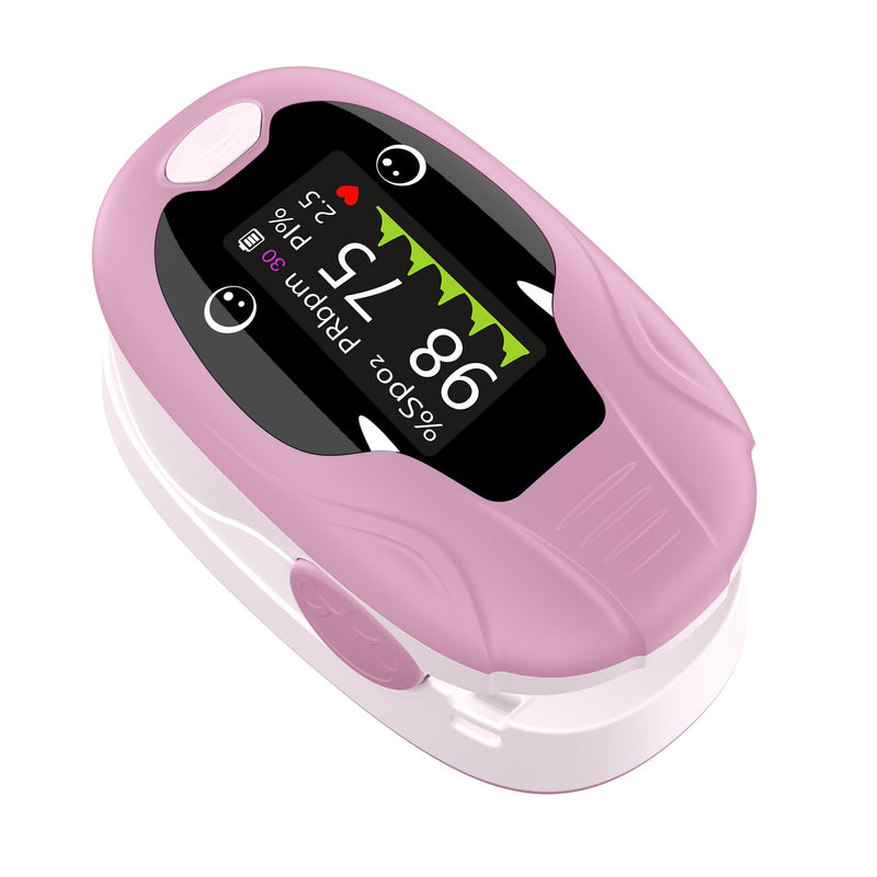 Kids Fingertip Pulse Oximeter for Children Age 2+, Blood Oxygen Saturation Monitor SpO2 & Pulse Rate, Fast Reading with Memory Function, Adjustable Brightness, Batteries Included, Pink
