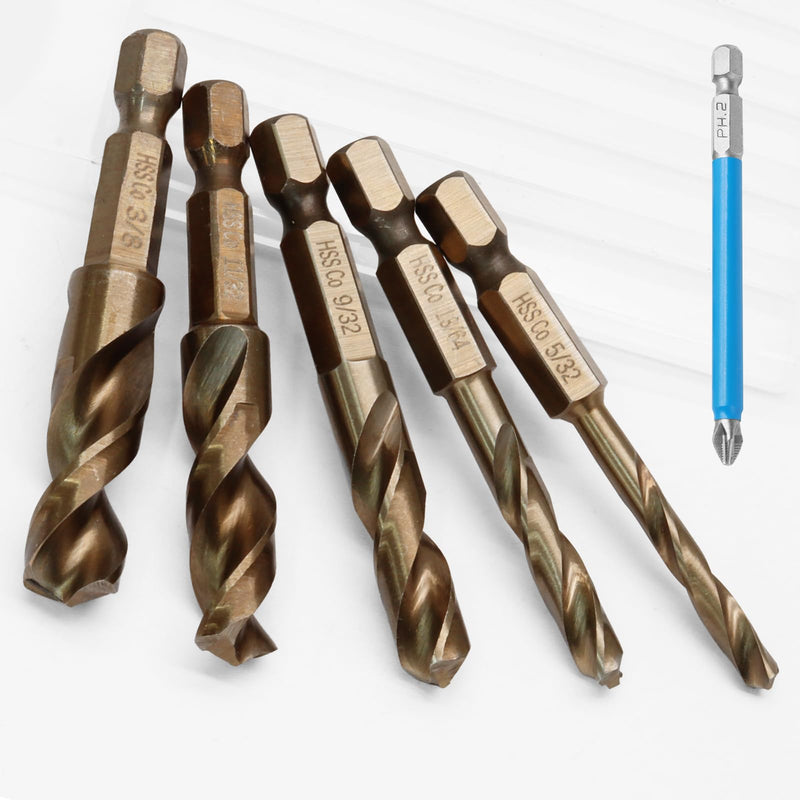 5 Pcs M35 Cobalt Stubby Drill Bit Set for Hard Metals and Stainless Steel, with 1/4" Hex Shank for Impact Drivers and Quick Chucks (5/32", 13/64", 9/32", 11/32", 3/8") 5/32" to 3/8" (5 Pcs)