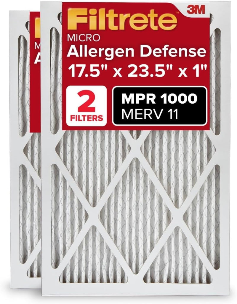 Filtrete 17.5x23.5x1 AC Furnace Air Filter, MERV 11, MPR 1000, Micro Allergen Defense, 3-Month Pleated 1-Inch Electrostatic Air Cleaning Filter, 2 Pack (Actual Size 17.19x23.19x0.81 in)