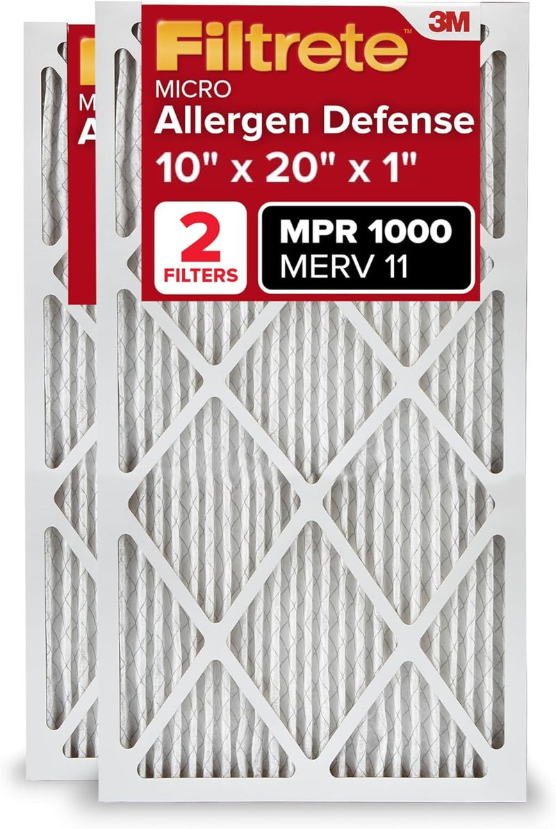 Filtrete 10x20x1 AC Furnace Air Filter, MERV 11, MPR 1000, Micro Allergen Defense, 3-Month Pleated 1-Inch Electrostatic Air Cleaning Filter, 2 Pack (Actual Size 9.81x19.81x0.81 in)