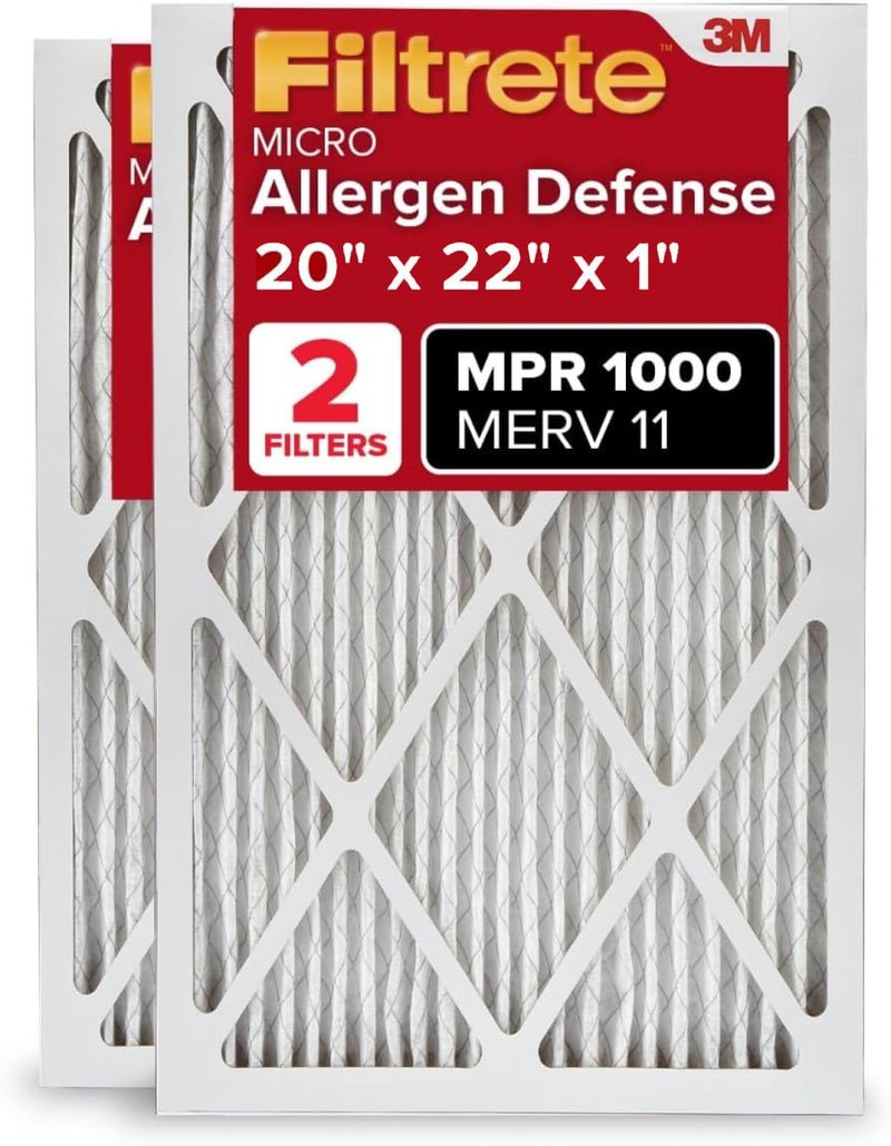 Filtrete 20x22x1 AC Furnace Air Filter, MERV 11, MPR 1000, Micro Allergen Defense, 3-Month Pleated 1-Inch Electrostatic Air Cleaning Filter, 2 Pack (Actual Size 19.81 x 21.81 x 0.81 in)