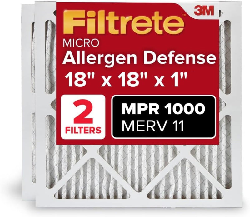 Filtrete 18x18x1 AC Furnace Air Filter, MERV 11, MPR 1000, Micro Allergen Defense, 3-Month Pleated 1-Inch Electrostatic Air Cleaning Filter, 2 Pack (Actual Size 17.81 x 17.81 x 0.81 in)