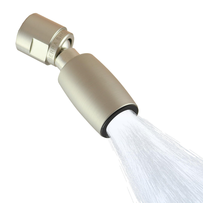 High Sierra® Classic™ Solid Metal 1.8 GPM Award Winning, Low Flow Shower Head. Patented Nozzle Never Clogs. Long Nut Hides Shower Arm Threads. Brushed Nickel Finish