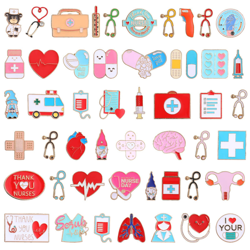 50Pcs Nurse Pins Bulk, Cute Enamel Medical Brooch for Badge, Stethoscope Hearts Bandages Pins for Nurses' Day Gifts for Decor Clothes and Bags 100Pcs