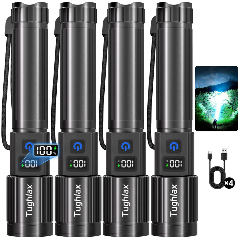 4Pack Rechargeable Flashlights High Lumens 10000LM, Super Bright Flashlight with LCD Digital Display, 5 Modes Adjustable Flash Light, LED Flashlight Powerful, Tactical Flashlights for Home