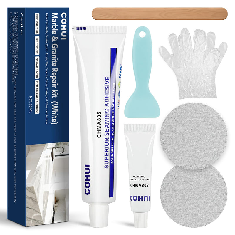 Marble and Granite Repair Kit (White) - 30-Min Quick-Drying Quartz Countertop Repair Kit on Quartz, Marble, Porcelain and Other Stone Surfaces - Granite Sealer for Edge Chips Cracks Scratches Holes Marble and Granite Repair Kit (White)