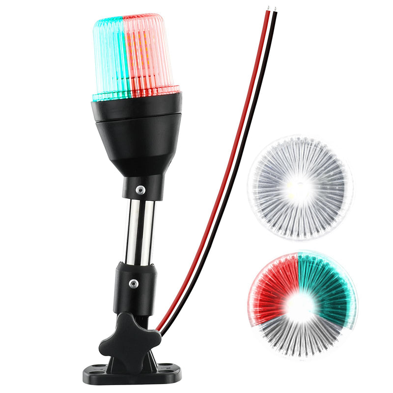 LED Tri-Color Navigation Light,Bimini Top Red-Green-White Combination Boat Bow Light & Anchor Light, Stainless Steel Foldable Pole Base, 10-24V DC,10 Inches