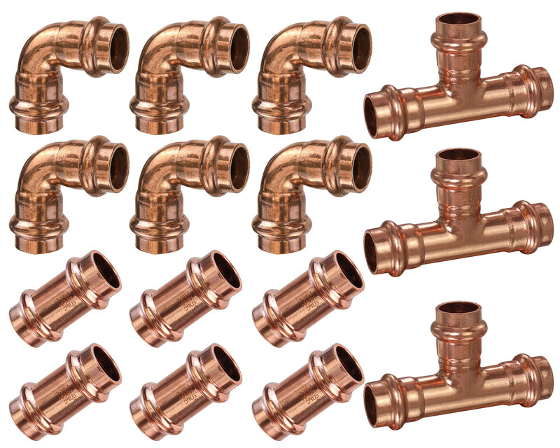 Copper Press Fittings 1/2inch Kit,6pk Copper Coupling&6pk 90 Elbow&3pk Tee 1/2"Press Coupling+1/2" 90° Elbow+1/2" Tee Copper 15