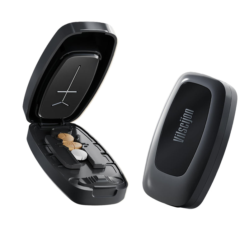 Pill Cutter Splitter for Small and Tiny Pills - Pill Cutter 1/4 - Accurately Cuts Multiple Pills - Easy Open Snap Button. Detachable Nonslip V-Shaped Pad. Wrap-Around Blade Guard. Back Storage (Black) Black