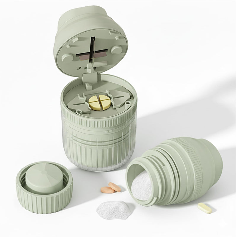 3-in-1 Pill Crusher Fine Powder - 1/4 1/2 Pill Cutter Splitter for Small and Tiny, Grinder for Elderly with Storage and Measuring Cup (Light Green) Light Green