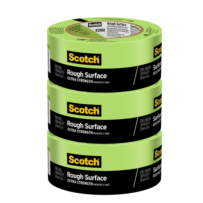 Scotch Rough Surface Painter's Tape 2060-48MP, 1.88 in x 60.1 yd (48mm x 55m), 3-Pack – Strong Adhesive, Clean Removal, Tear-Resistant Masking Tape, for Brick, Concrete, Stucco, Textured Surfaces