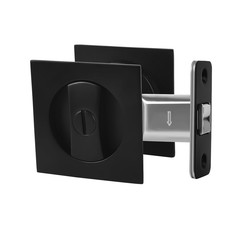 Pocket Door Lock, Double-Sided Privacy Sliding Door Lock Black Zinc Alloy Pocket Door Latch 2-3/8" Backset Keyless Flush Sliding Door Handle Square Pocket Door Hardware for Bathroom Closet Sqaure Lock