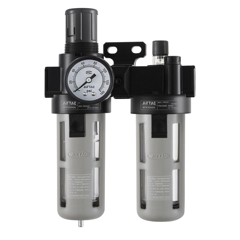 Compressed Air Filter Regulator Lubricator Combo Airtac BFC3000-C 3/8''NPT 0-140 PSI with Pressure Gauge Semi-Auto Drain 3 in 1 Two FR.L Unit BFC3000C 3/8'' NPT