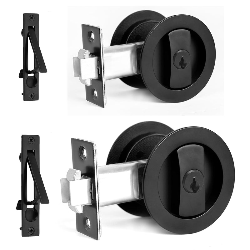 Dontay Pocket Door Lock with Key, Contemporary Entrance Sliding Barn Door Lock Latch, Recessed 2 Sided, 2 3/8" Backset, Flush Handles Hardware(Including Edge Pull,Matte Black,Round - 2 Pack)