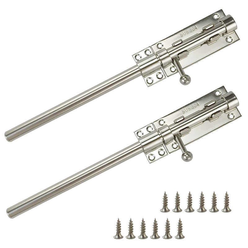 2PCS 304 Steel Silver 12" Slide Bolt Latches, Heavy-Duty 304 Stainless Steel Gate Door Slide Latches