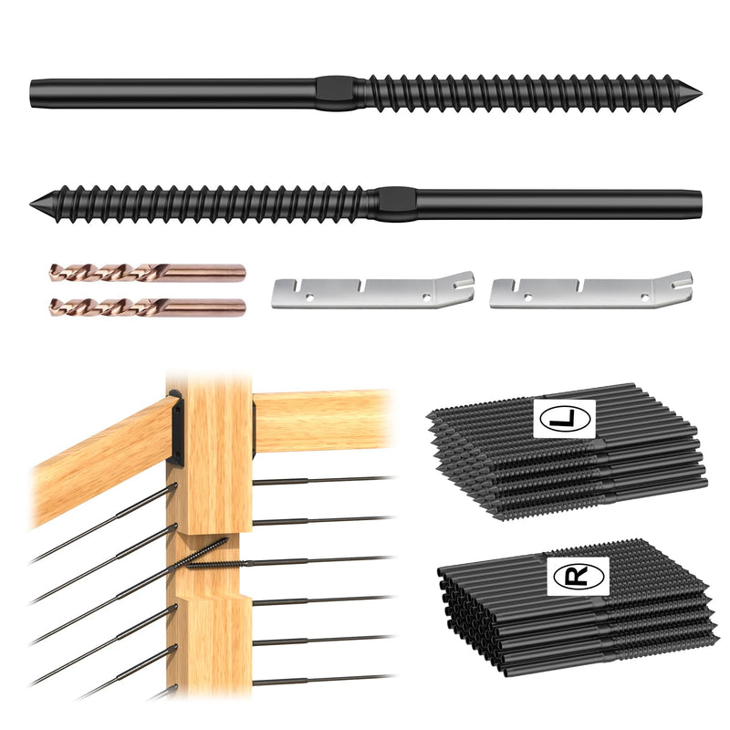 T316 Stainless Steel Swage Lag Screws for Cable Railing, 100 Pack | 1/8" Black Cable Railing Hardware Kit For Wood Posts, Right & Left Handed Thread, Includes Wrench, DIY Wood Baluster, MY035