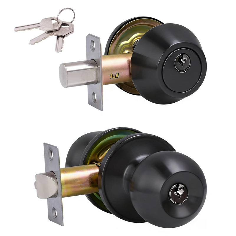 Secure Keyed Entry Door Knob with Lock & Key, Heavy-Duty Exterior Interior Door Lock Handle for Front Door, Home Bedroom Bathroom, Commercial & Residential Entry Door Hardware,Matte Black 1 587ET+D101--Matte Black