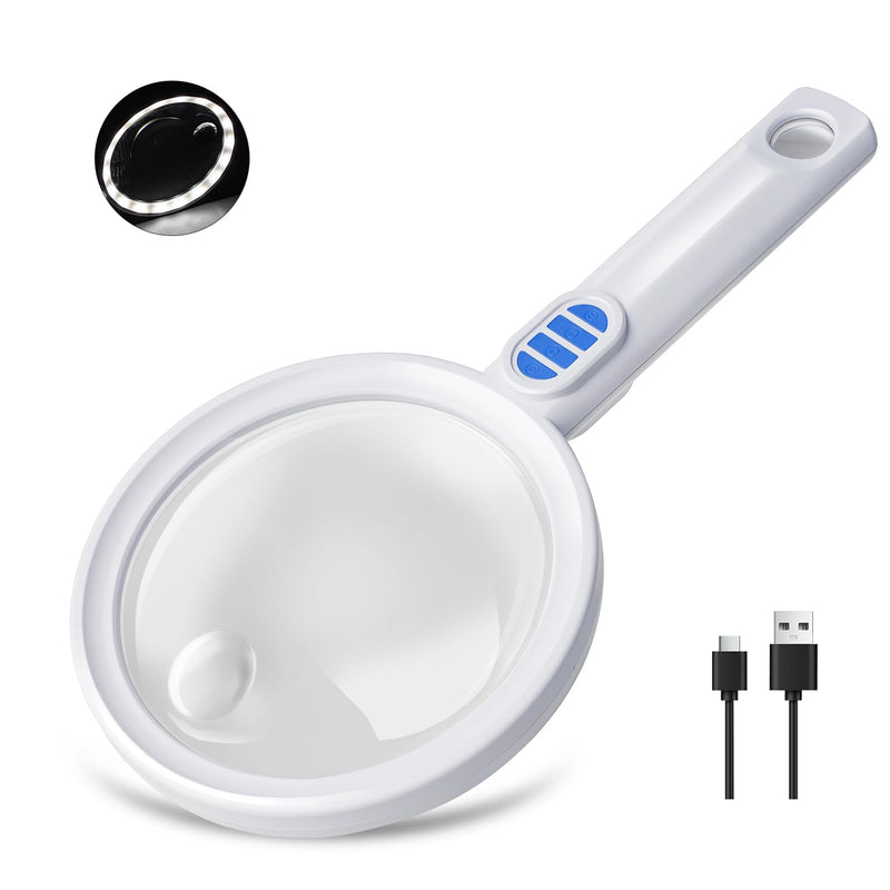 Large Magnifying Glass with Light 5.12" Rechargeable Magnifier with 5 Color Modes & 20 Level Brightness, 10X 20X 45X Handheld Magnifying Glass for Seniors Reading Coin Inspection